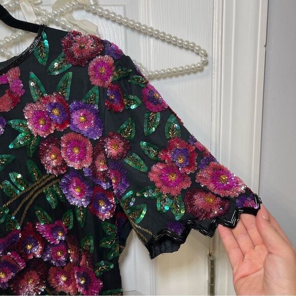 Vintage Laurence Kazar Silk Floral Beaded Sequined Top Multicolor Formal - Picture 6 of 16
